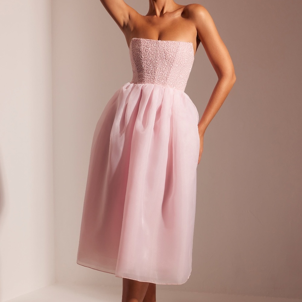 Oh Polly Embellished Corset Tulle Skirt Midi Dress in Blush 6